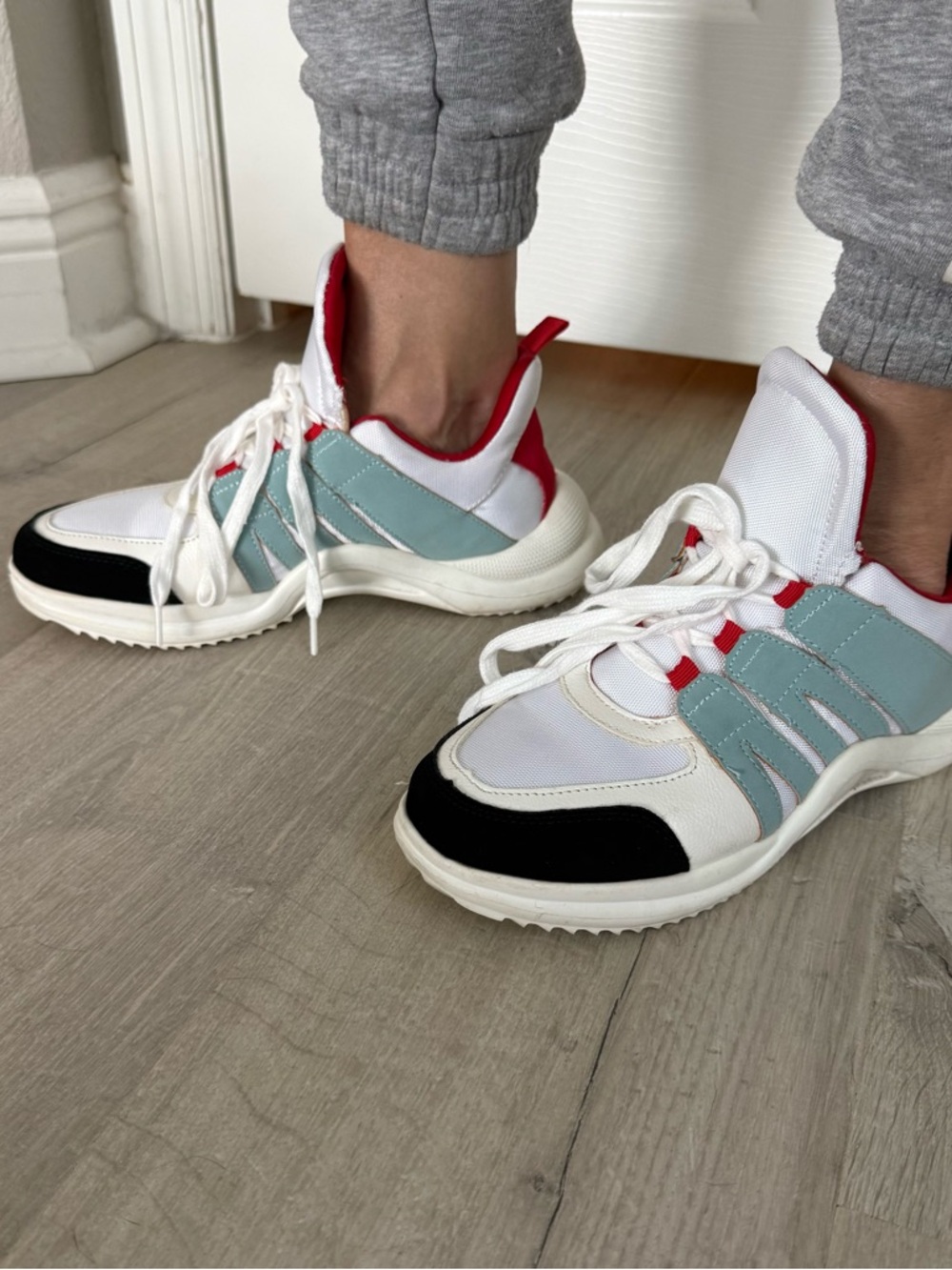 Lulu's Teal, White & Black Colorblock Sneakers with Red Accents